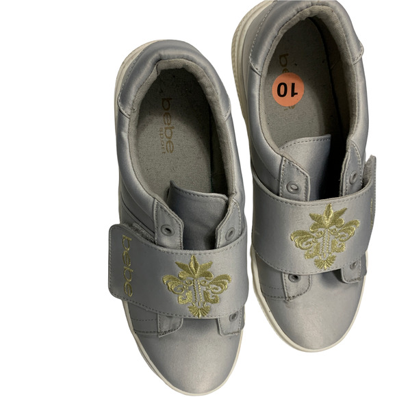 Bebe Gray Nylon Gold Embroidered Slide Sneakers US 10 Brighton ZGD12 Women - Picture 11 of 12